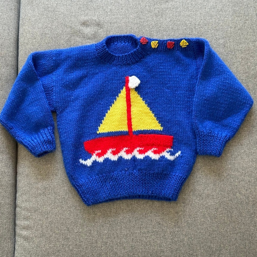 Vintage Handmade Blue Knit Sailboat Sweater Toddler Nautical 3D Pocket Button
